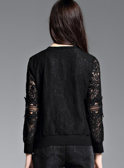 Black Stylish O-neck Lace Hollow Out Hoodie