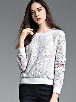 White Stylish O-neck Lace Hollow Out Hoodie