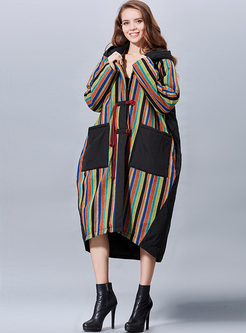 Chic Version Striped Color-blocked Hooded Coat