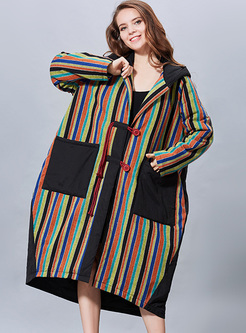 Chic Version Striped Color-blocked Hooded Coat