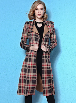 Street Plaid Notched Neck Trench Coat