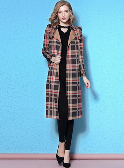 Street Plaid Notched Neck Trench Coat
