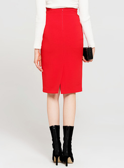 Red Buttoned High Waist Slim Skirt