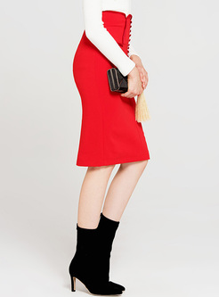 Red Buttoned High Waist Slim Skirt