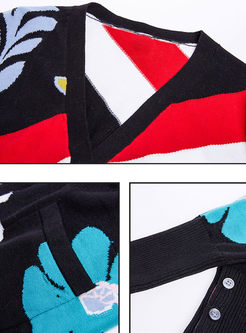 Hit Color Striped Splicing V-neck Knitted Coat