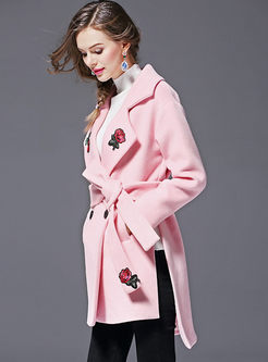 Pink Embroidery Belt Asymmetric Woolen Coat
