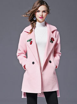 Pink Embroidery Belt Asymmetric Woolen Coat