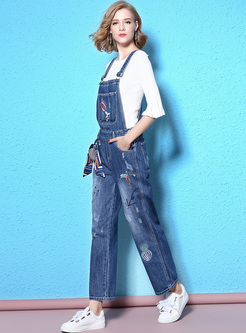 Chic Embroidery High Waist Overalls