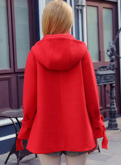 Red Bowknot Tie Hooded Woolen Coat