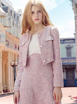 Pink O-neck Long Sleeve Short Coat