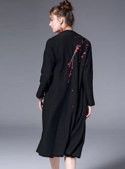 Black Loose Floral Print Woolen Coat