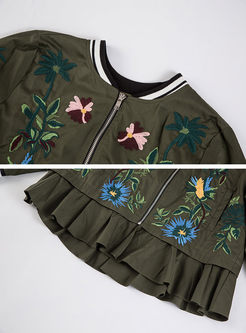Brief Falbala Embroidery Long Sleeve Coat