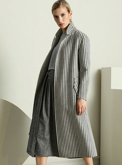 Brief Striped Turn Collar Woolen Coat