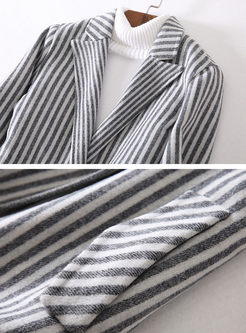 Brief Striped Turn Collar Woolen Coat