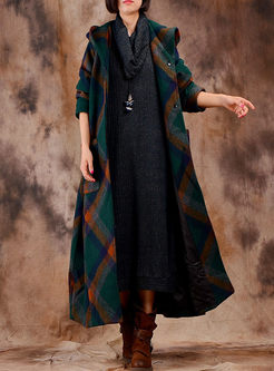 Causal Hooded Plaid Loose Woolen Coat