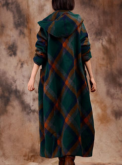 Causal Hooded Plaid Loose Woolen Coat