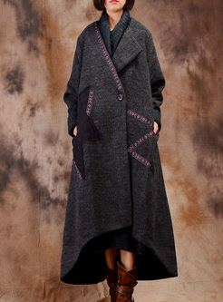 Vintage Embroidery Stitching Asymmetric Woolen Coat