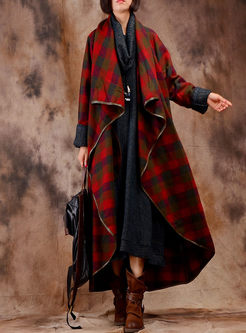 Stylish Asymmetric Plaid Long Sleeve Woolen Coat