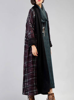Fashionable Plaid Splicing Thick Woolen Coat
