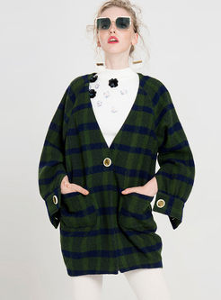 Green V-neck Plaid Loose Long Sleeve Woolen Coat