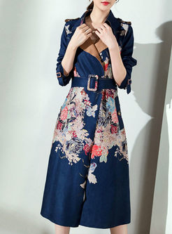 Suede Floral Print Long Sleeve Belt Trench Coat