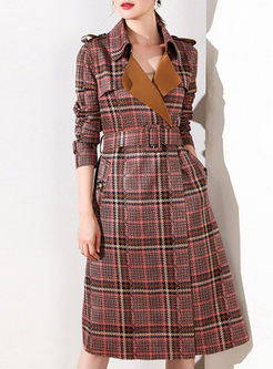 Suede Turn Down Collar Belt Plaid Trench Coat