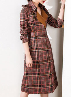 Suede Turn Down Collar Belt Plaid Trench Coat