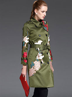 Green Embroidery Belt Double-breasted Trench Coat