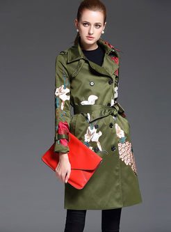 Green Embroidery Belt Double-breasted Trench Coat