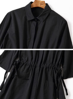 Black Cotton Gathered Waist Asymmetric Trench Coat