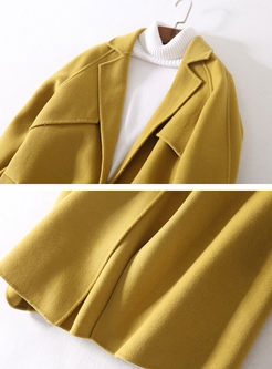 Loose Stitching Long Sleeve Belt Woolen Coat