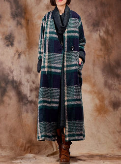 Brief V-neck Plaid Long Sleeve Woolen Coat