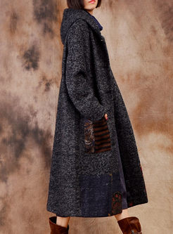 Causal Stitching Hooded Long Sleeve Woolen Coat