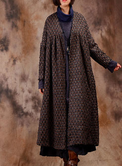 Chic V-neck Color-blocked Woolen Coat