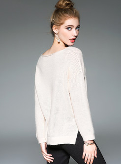 Beige Fashion Embellished O-neck Sweater