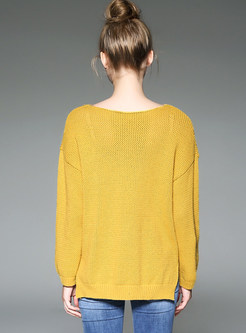 Yellow Fashion Embellished O-neck Sweater