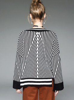 Black Casual V-neck Striped Sweater