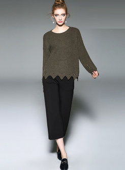 Brief Hole-design O-neck Sweater