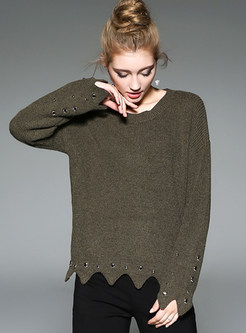 Brief Hole-design O-neck Sweater