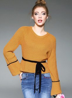 Yellow Stylish Bell Sleeve Belted Sweater