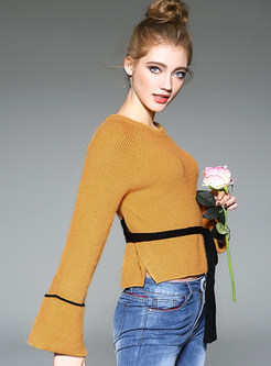 Yellow Stylish Bell Sleeve Belted Sweater