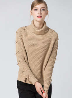 Stylish Turtleneck Belt-design Pure Color Sweater