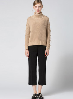 Stylish Turtleneck Belt-design Pure Color Sweater