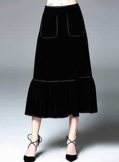 Fashion Velvet Ruffled-hem Long Skirt