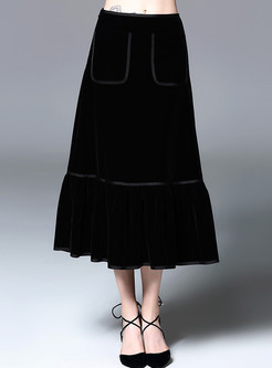 Fashion Velvet Ruffled-hem Long Skirt