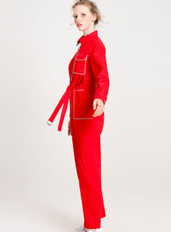 Red Belted Turn Down Collar Jumpsuits
