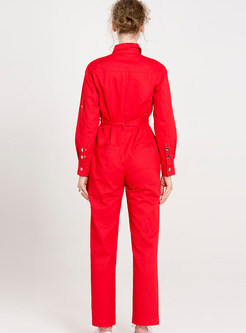 Red Belted Turn Down Collar Jumpsuits