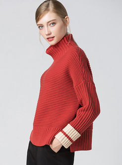 Hit Color Slit Turtle Neck Knitted Sweater