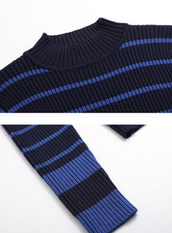 Striped Slim Stand Collar Long Sleeve Knitted Sweater