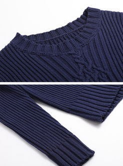 Sapphire Blue O-neck Long Sleeve Knitted Sweater